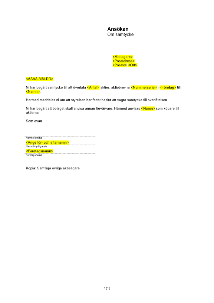 Besked om vägrat samtycke - aktieöverlåtelse