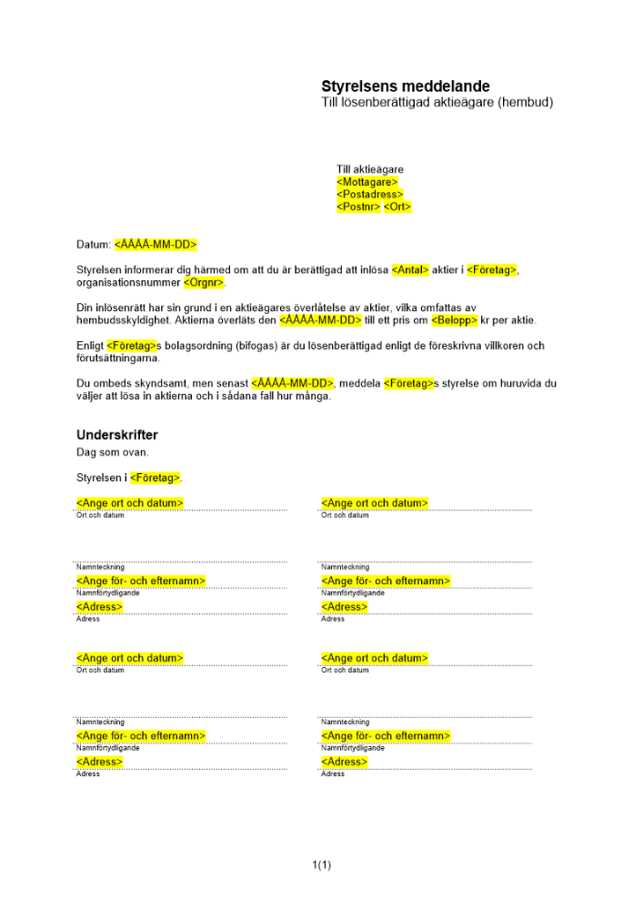 Meddelande till lösenberättigad aktieägare (hembud)