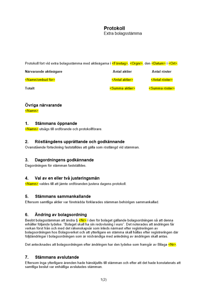 Protokoll från extra bolagsstämma - Aktiekapital i Euro (stämma 1)