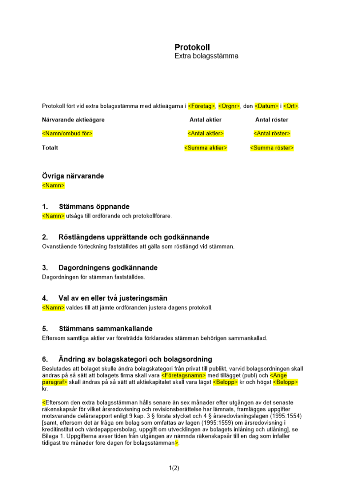 Protokoll från extra bolagsstämma - Byte av bolagskategori privat till publikt