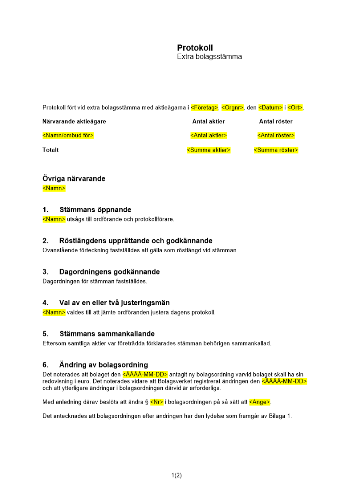 Protokoll från extra bolagsstämma - Aktiekapital i Euro (stämma 2)
