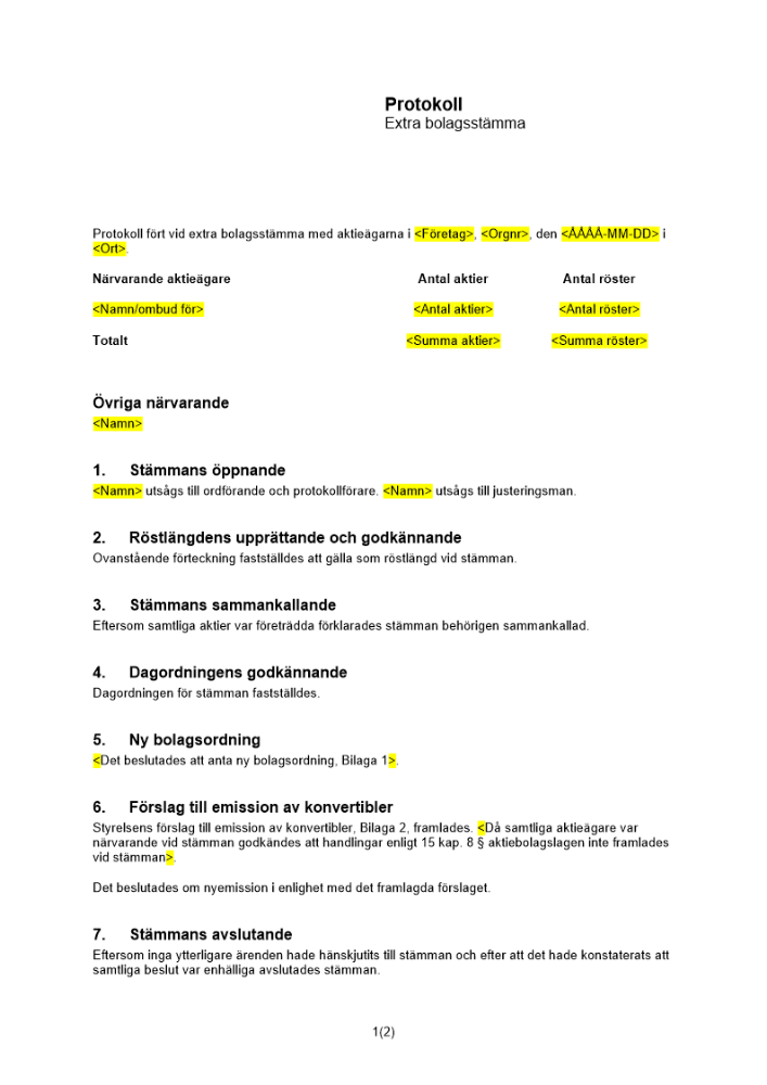 Protokoll från extra bolagsstämma - Emission av konvertibler