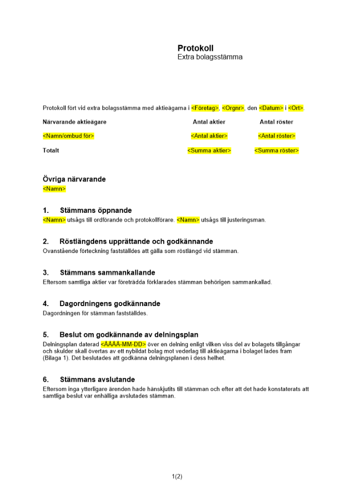 Protokoll från extra bolagsstämma ej upplösning och bildning av bolag