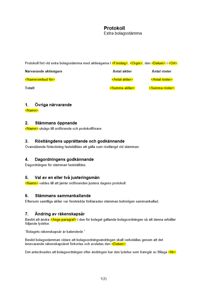 Protokoll från extra bolagsstämma - Ändring av räkenskapsår till kalenderår