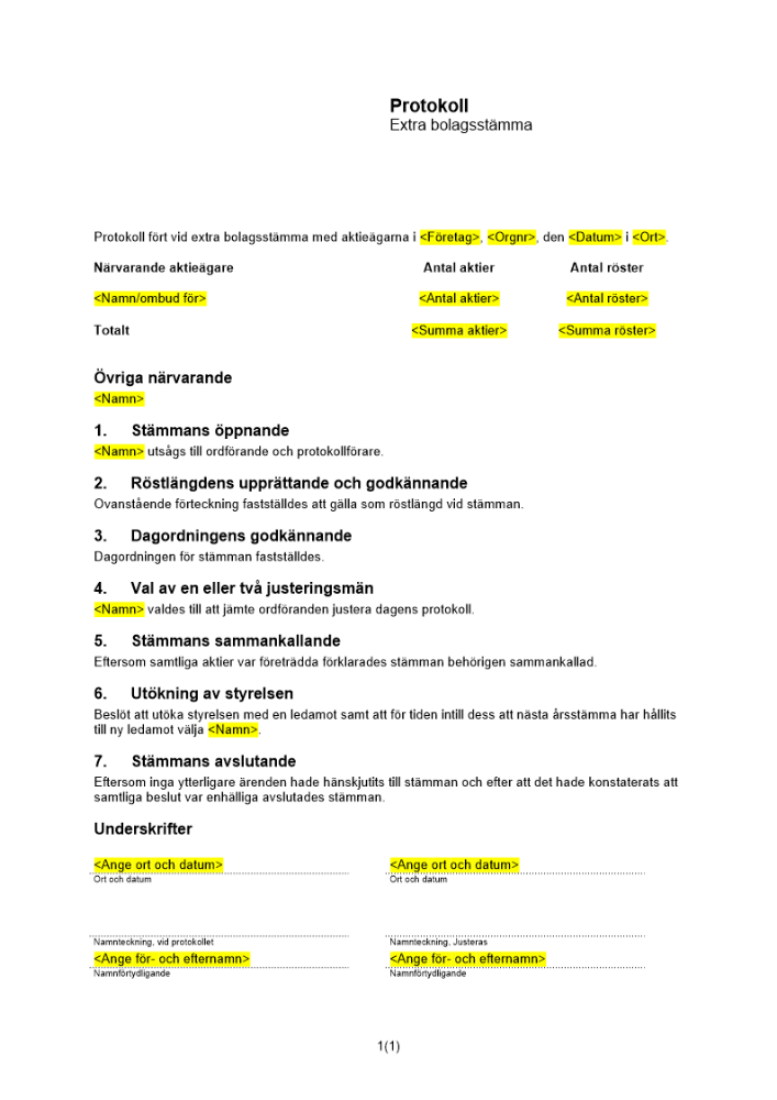 Protokoll från extra bolagsstämma - Utökning av styrelsen