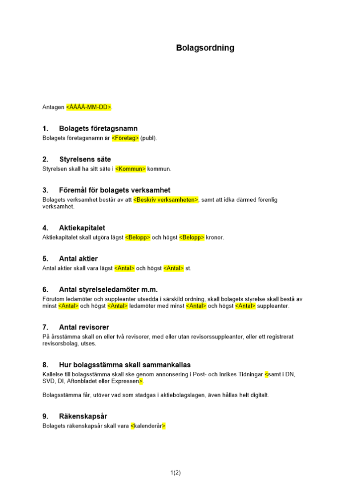 Bolagsordning - Publikt avstämningsbolag utan inskränkningar