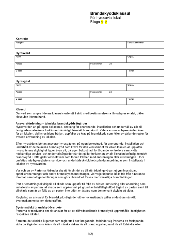 Brandskyddsklausul - hyresavtal lokal