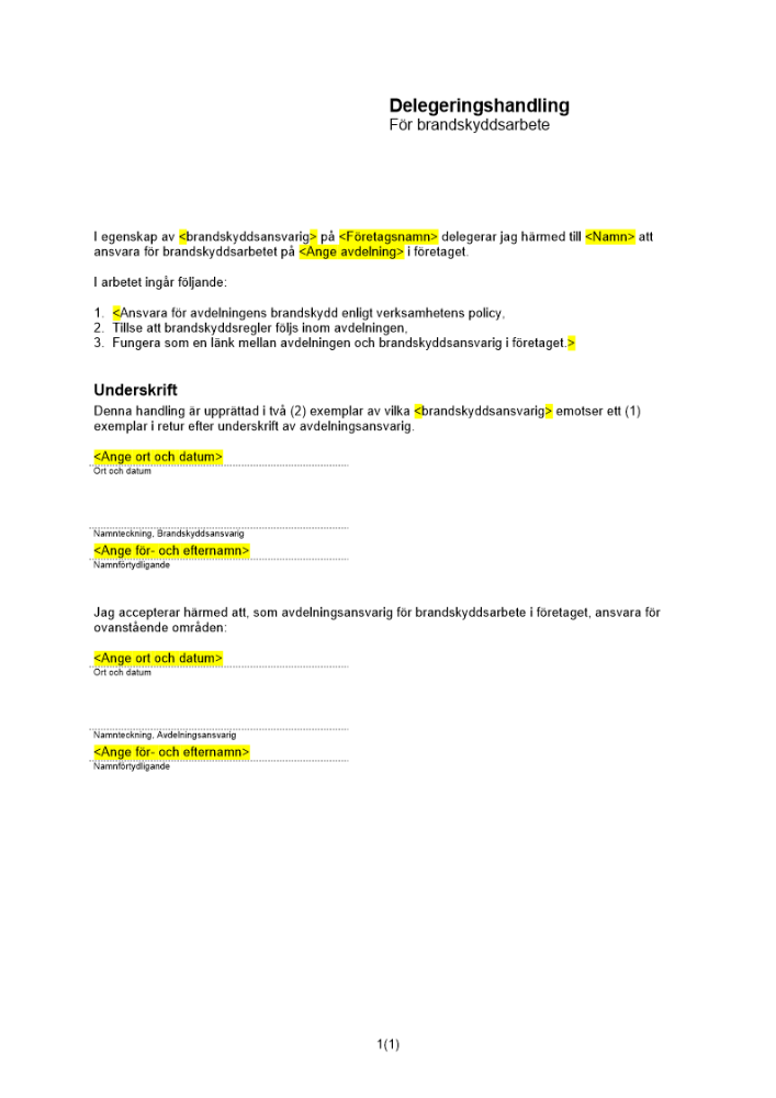 Delegeringshandling brandskyddsarbete avdelning