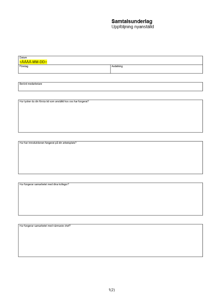 Samtalsunderlag - uppföljningssamtal nyanställd