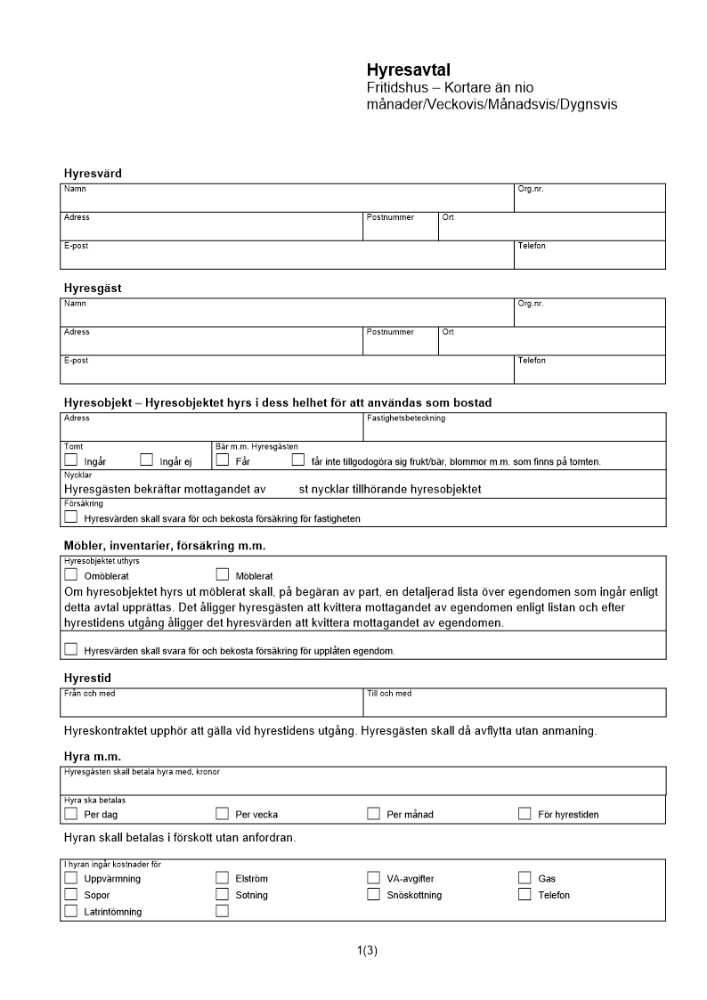 Hyresavtal - Fritidsboende - Korttidsavtal